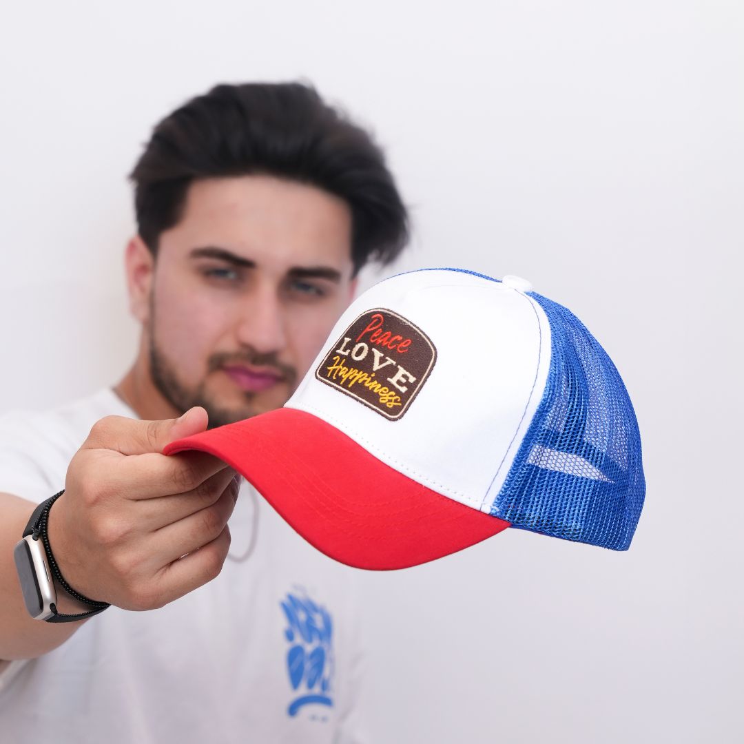 Peace Love Happiness Trucker Cap in Red, White and Blue (TKR_R-W-B_PLH)