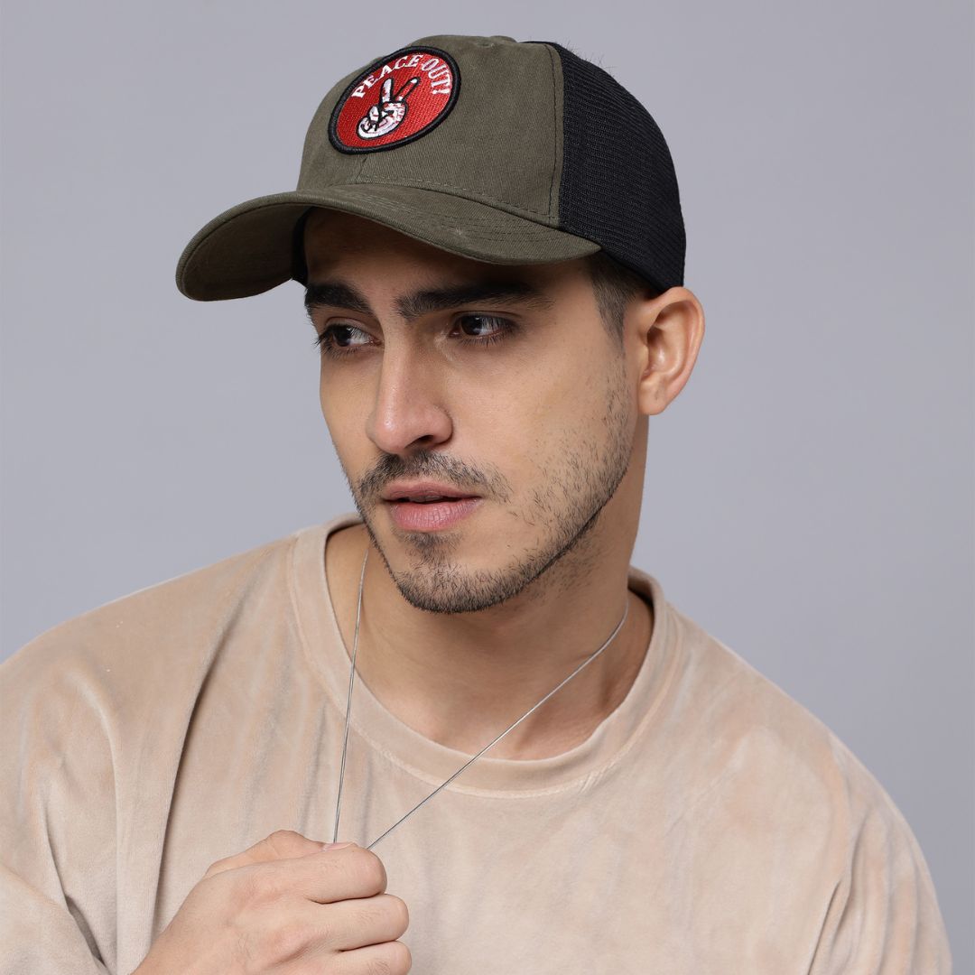 Peace Out Trucker Cap in Olive & Black (TKR_OL-BL_PO)