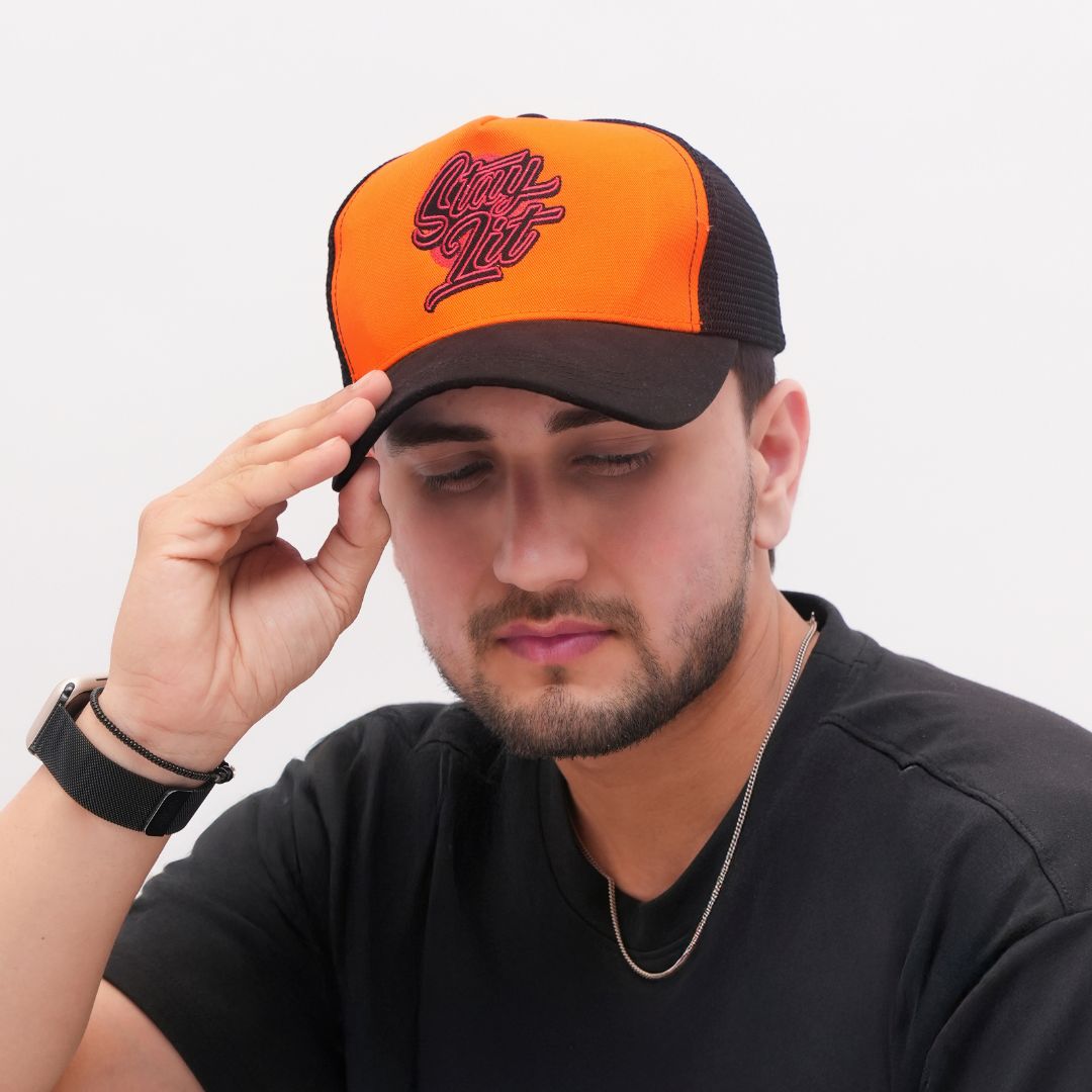 Stay Lit Trucker Cap in Orange and Black (TKR_OR-BL_SL)