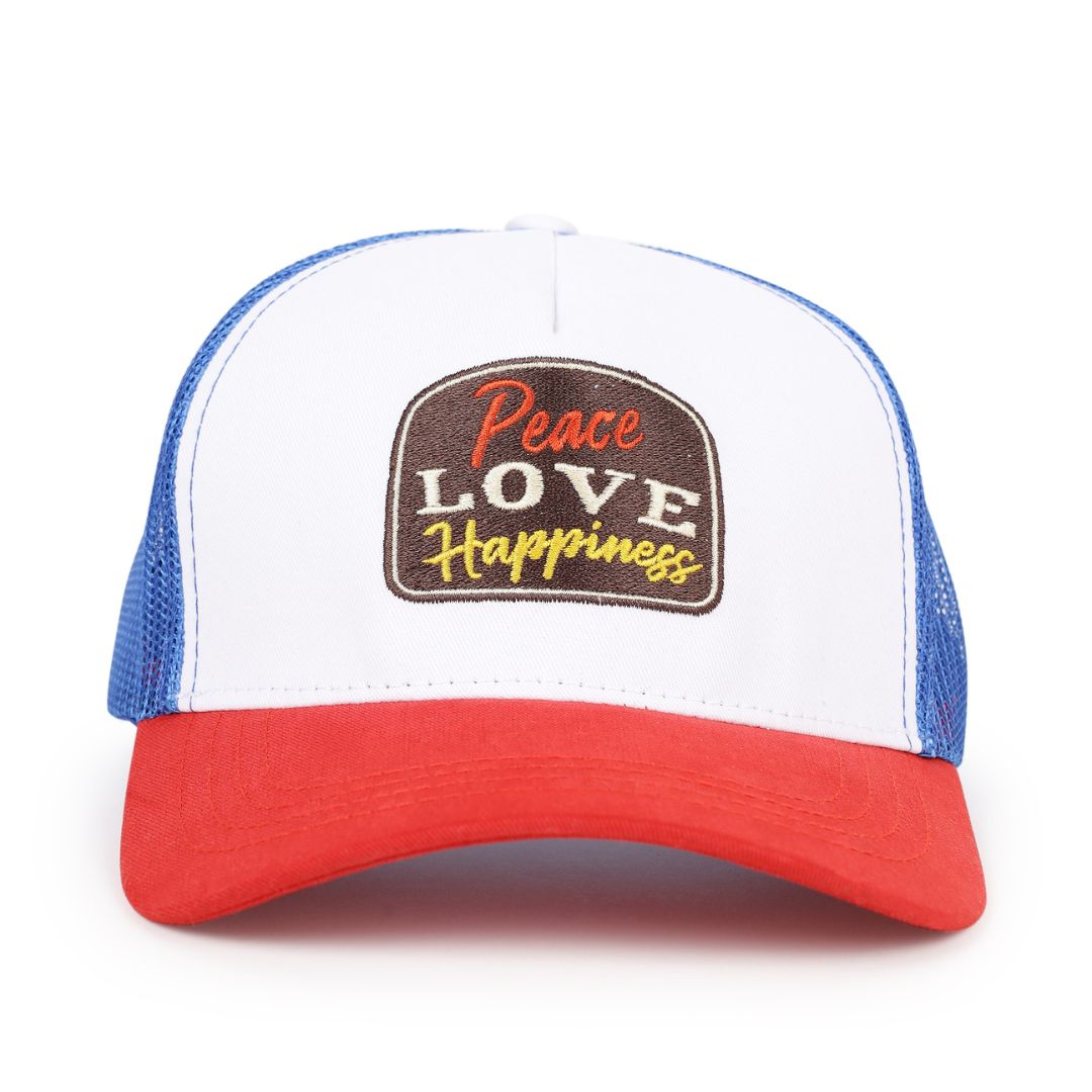Peace Love Happiness Trucker Cap in Red, White and Blue (TKR_R-W-B_PLH)