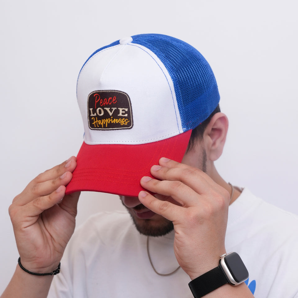 Peace Love Happiness Trucker Cap in Red, White and Blue (TKR_R-W-B_PLH)