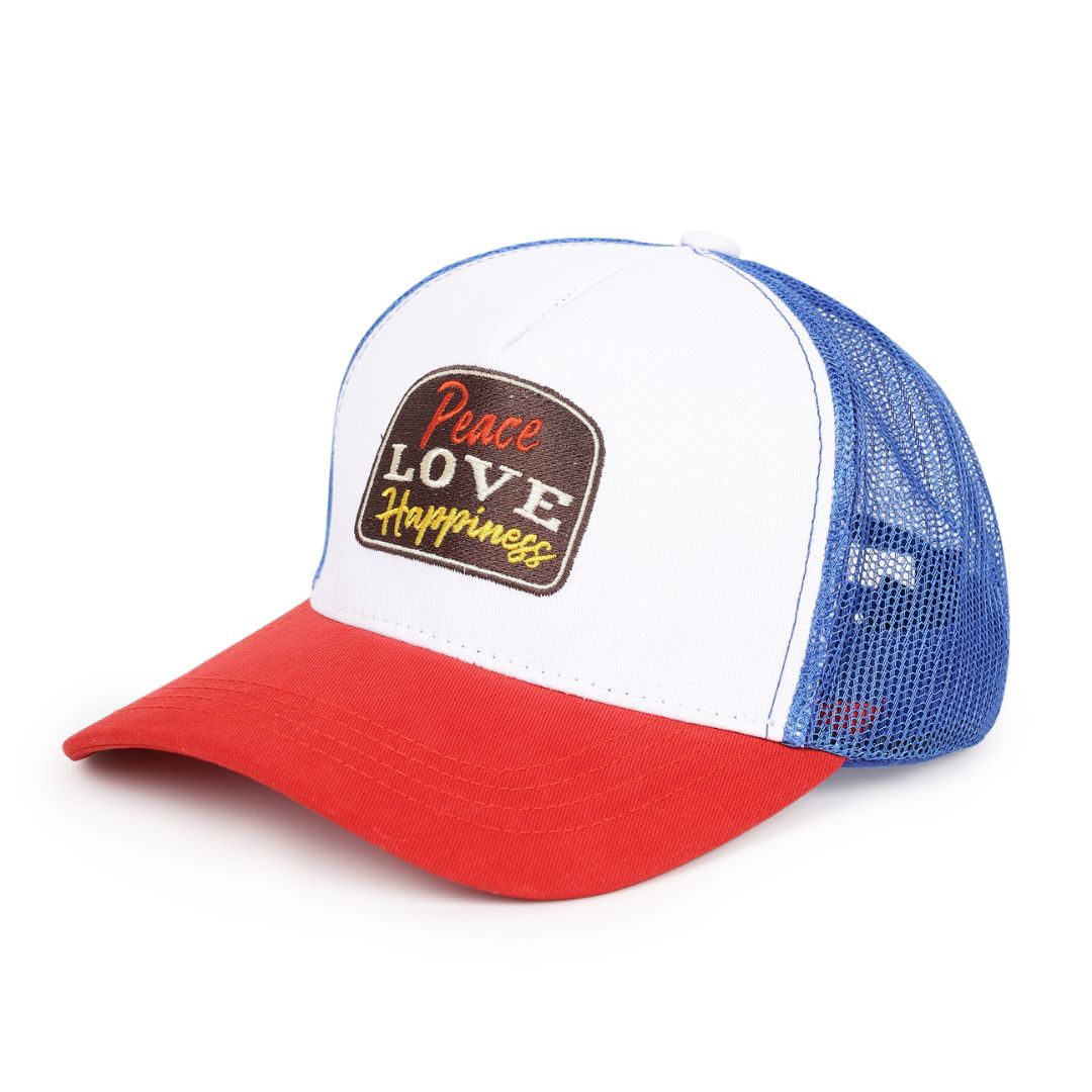 Peace Love Happiness Trucker Cap in Red, White and Blue (TKR_R-W-B_PLH)