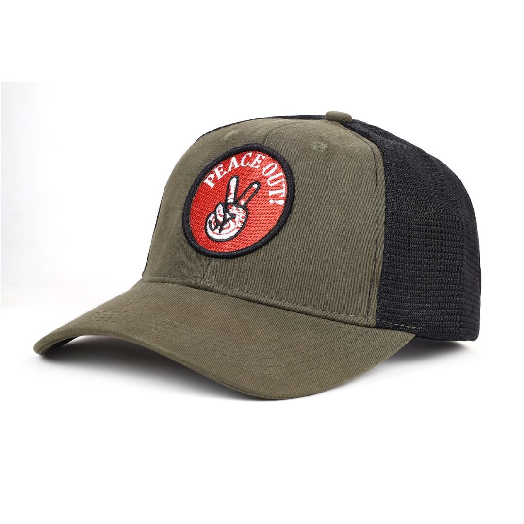 Peace Out Trucker Cap in Olive & Black (TKR_OL-BL_PO)