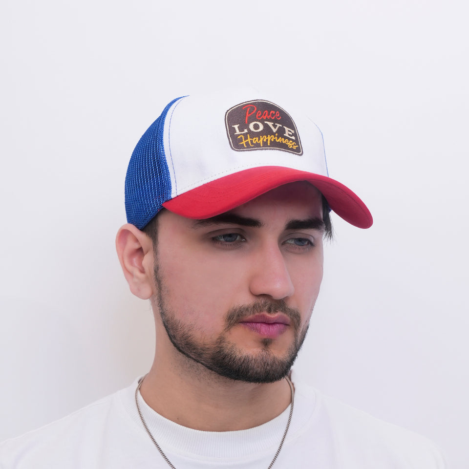 Peace Love Happiness Trucker Cap in Red, White and Blue (TKR_R-W-B_PLH)