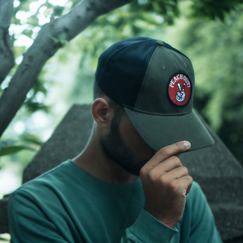 Peace Out Trucker Cap in Olive & Black (TKR_OL-BL_PO)